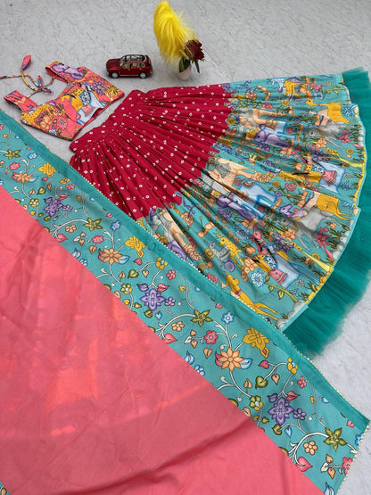 Close-up of Kalamkari Lehenga Choli, choli, and dupatta set.