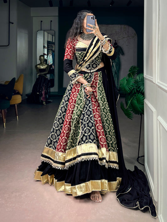 RangBhoomi Navratri Lehenga Set — Pure Rayon Heritage Print with Lace & 7m Flair