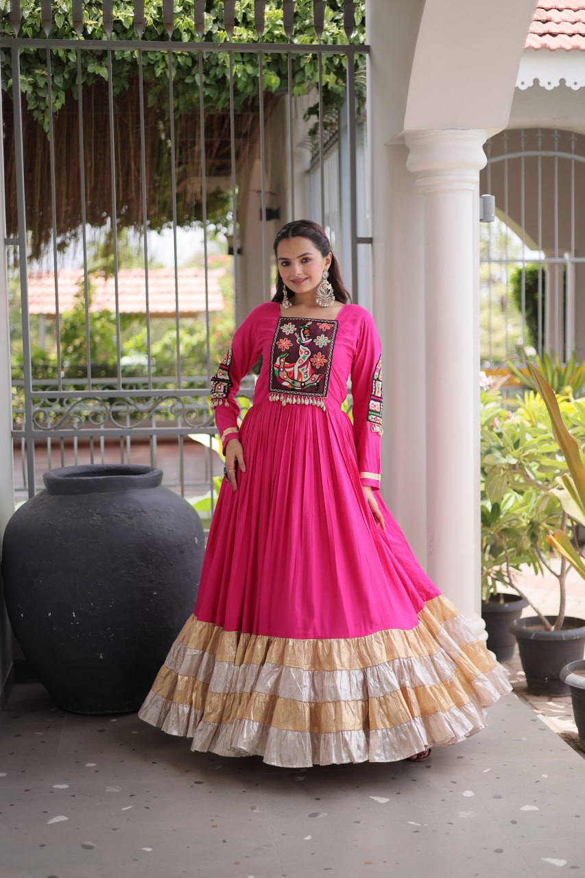 RangBhoomi Navratri Gown Collection 2026 — 14KG Rayon Kutchi Gamthi Thread Work, 12m Flair