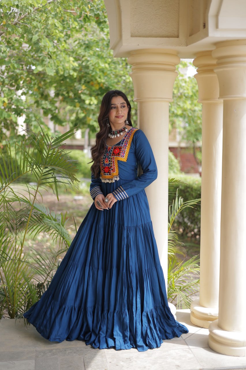 RangBhoomi Navratri Gown Collection 2026 — Wine, Rama & White Embroidered Mirror Work Gown