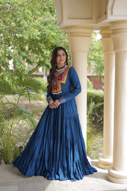 RangBhoomi Navratri Gown Collection 2026 — Wine, Rama & White Embroidered Mirror Work Gown