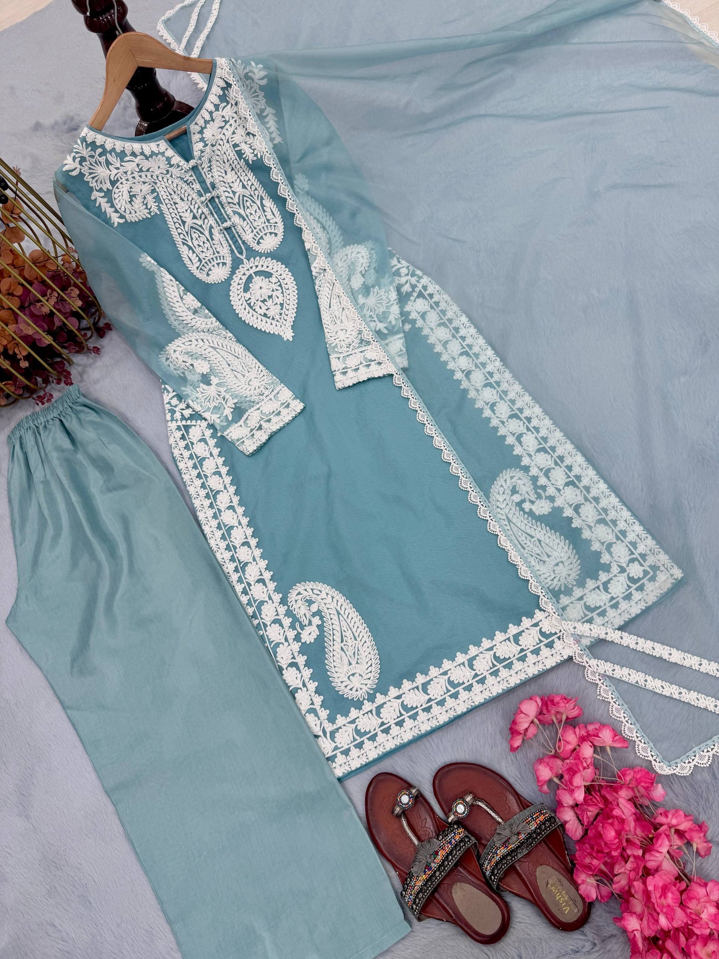 Elegant Designer Party Wear Set with Pure Soft Nylon Organza Silk Top, Palazzo Pants & Dupatta