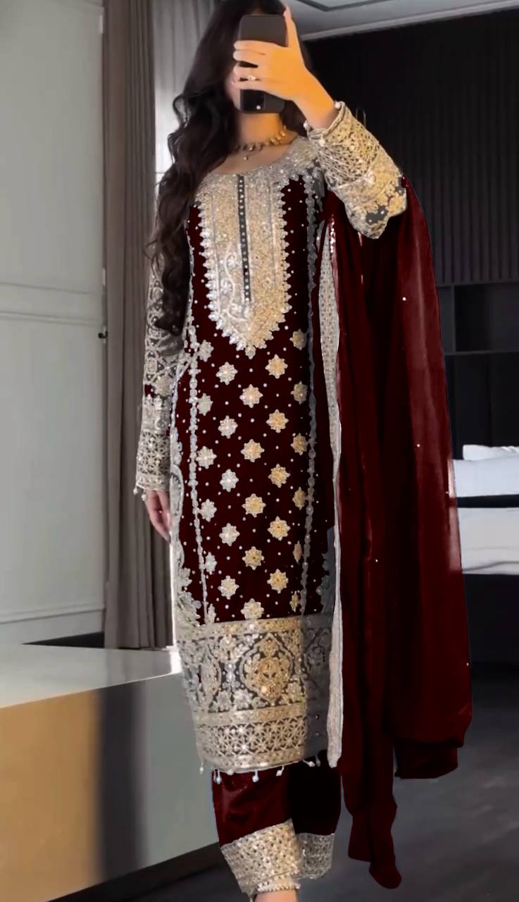New Collection Faux Georgette Ensemble with Intricate Heavy Embroidery, Sequin Detailing, and Fully Stitched Ready-to-Wear Top, Bottom, and Dupatta Set