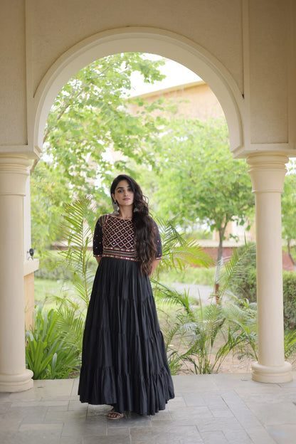 RangBhoomi Navratri Embroidered Kora Cotton Gown — Off-White & Black, 56" Length