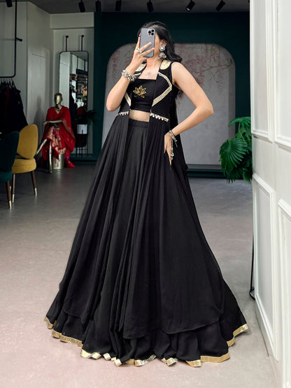 RangBhoomi Navratri Feather-Light Long Jacket Lehenga Set — Lotus Handwork & Lace Detailing