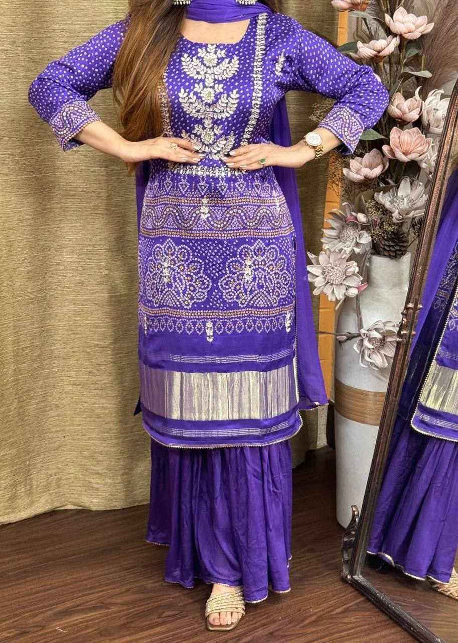 Elegant purple Chinon kurta pajama set featuring Bandhani print and dupatta.