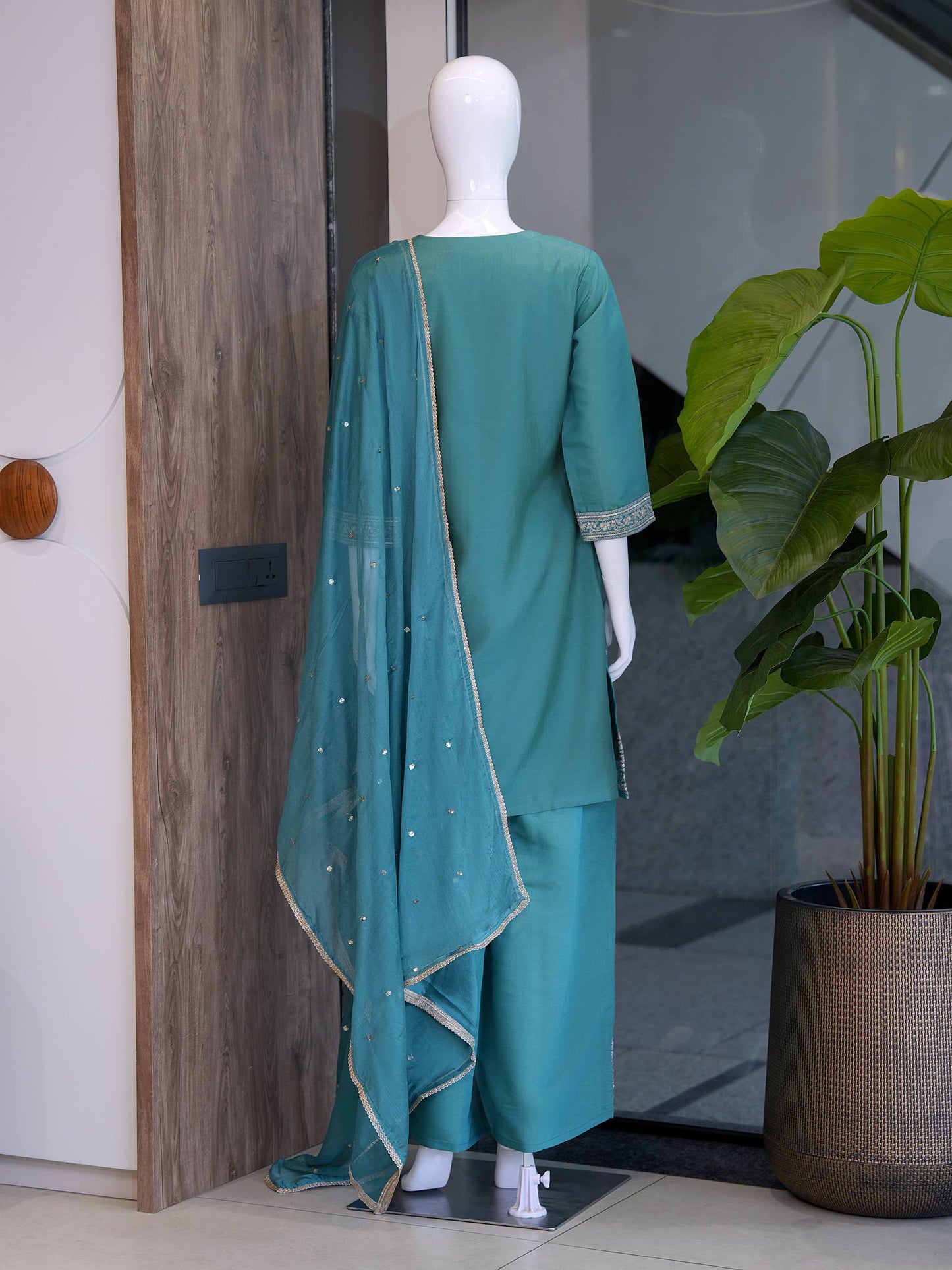 RangBhoomi Designer Festival Special Collection - Elegant Roman Silk Embroidered Ensemble with Palazzo and Decorative Dupatta