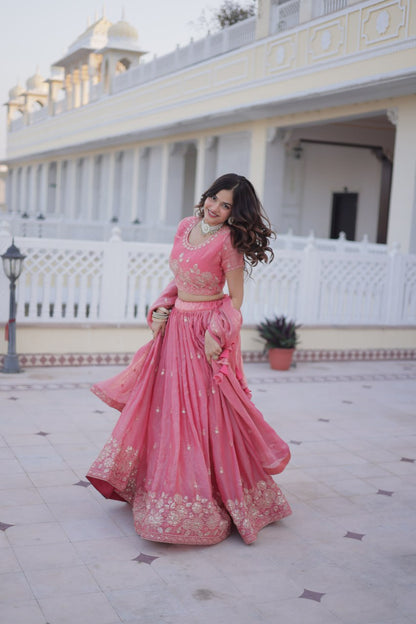 Elegant Lehenga Choli Set with Heavy Sequins and Zari Thread Embroidery in Fendi Silk