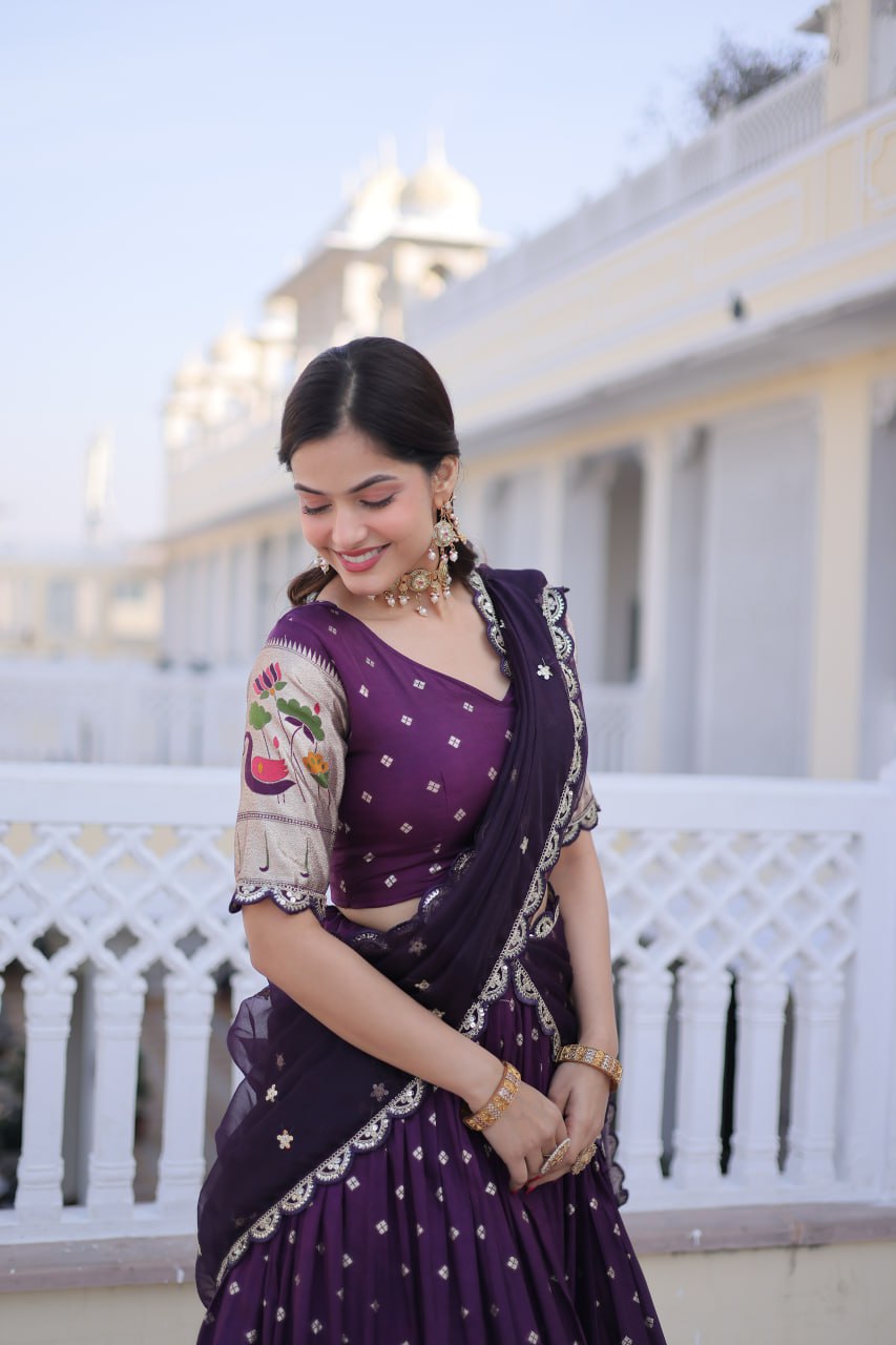 Elegant Three-Piece Traditional Lehenga Choli Set with Dupatta in Pink and Wine