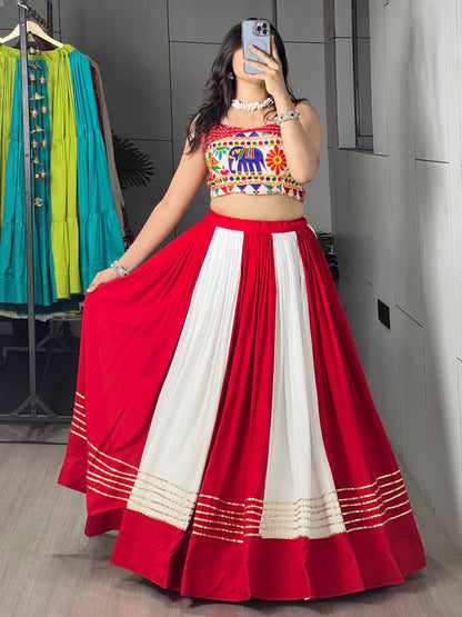 RangBhoomi Red & White Chaniya Choli Set — Festive Garba Lehenga (Pure Rayon Cotton, Fully Stitched)