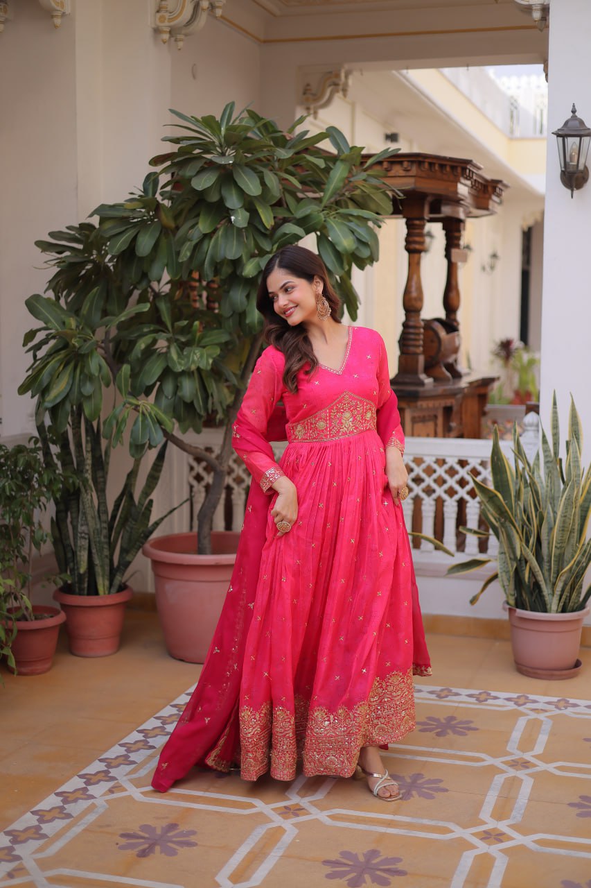 Premium Ready-to-Wear Silk Gown with Embroidered Sequined Dupatta Set