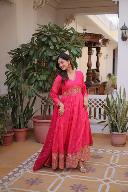 Premium Ready-to-Wear Silk Gown with Embroidered Sequined Dupatta Set