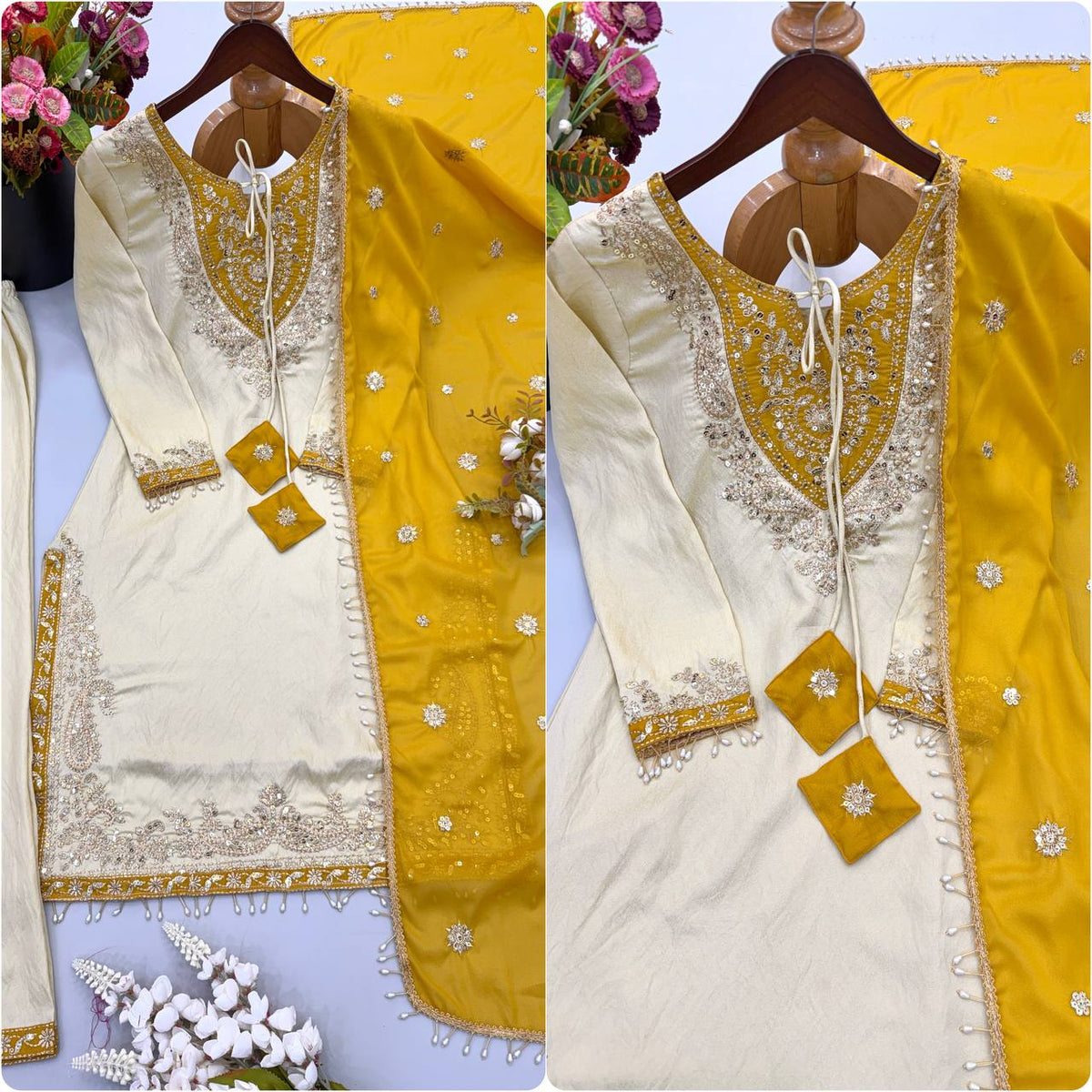 RangBhoomi Ronald Silk Sequin Embroidered Women's Ethnic Suit - Fully Stitched with Lace-Edged Dupatta