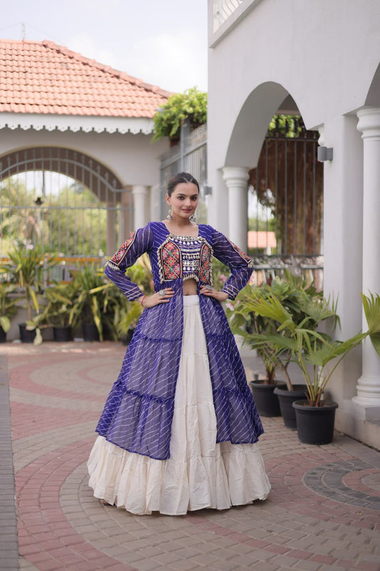 RangBhoomi Kora Cotton Lehenga & Faux Georgette Kurti Set - Full-Stitched, Frilled Lehenga, Laheriya Print Kurti