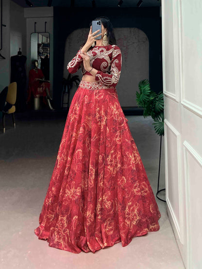 RangBhoomi Premium Co-ord Set: Tasar Silk Embroidered Lehenga with Sequined Blouse