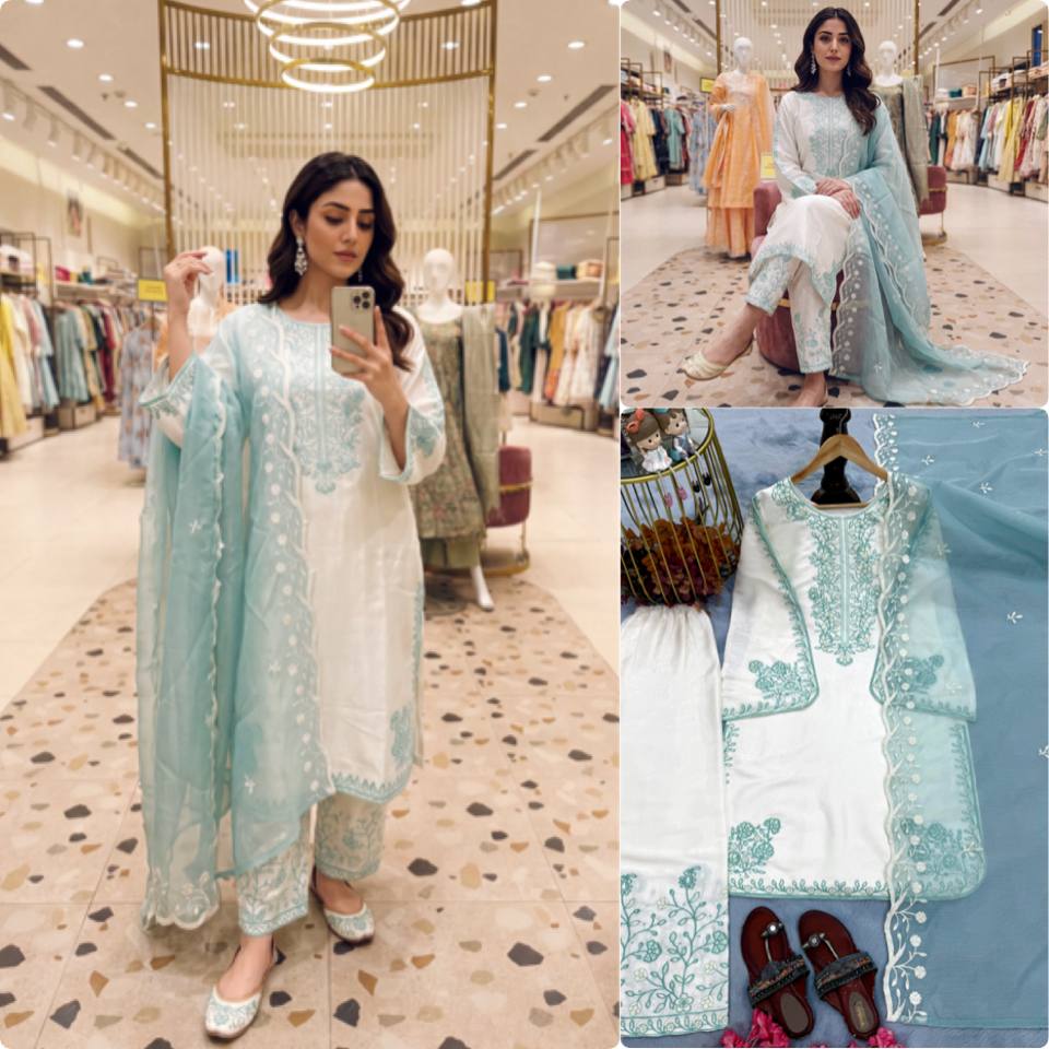 Elegant Party Wear Set Featuring Premium Roman Glass Embroidered Top with Fancy Bell Sleeves and Stylish Palazzo Pants with Dupatta