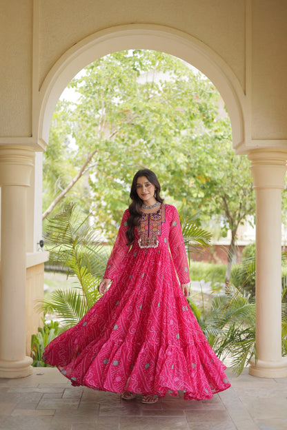 RangBhoomi Bandhani & Kutchi Patchwork Faux Georgette Gown — Festive Navratri Edition