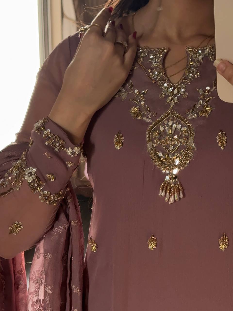 Embroidered Sequined Faux Georgette Top, Bottom, and Dupatta Set – Fully Stitched and Ready to Wear