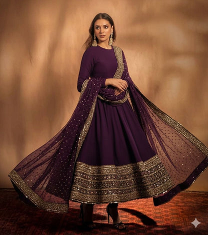 Elegant Embroidered Fox Georgette Gown with Matching Dupatta – Fully Stitched, Sophisticated Design