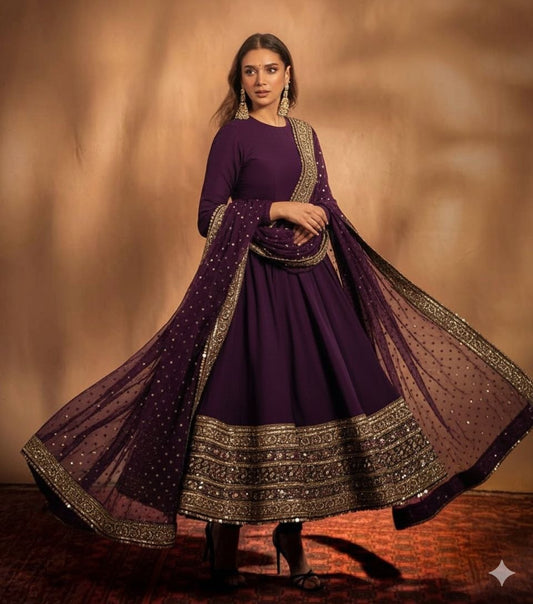 Elegant Embroidered Fox Georgette Gown with Matching Dupatta – Fully Stitched, Sophisticated Design