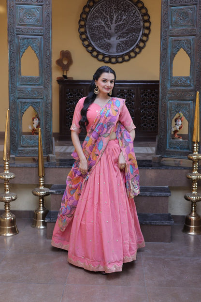 Elegant Lehengha Choli Set with Embroidered Cosmos Silk and Printed Tabby Silk Dupatta