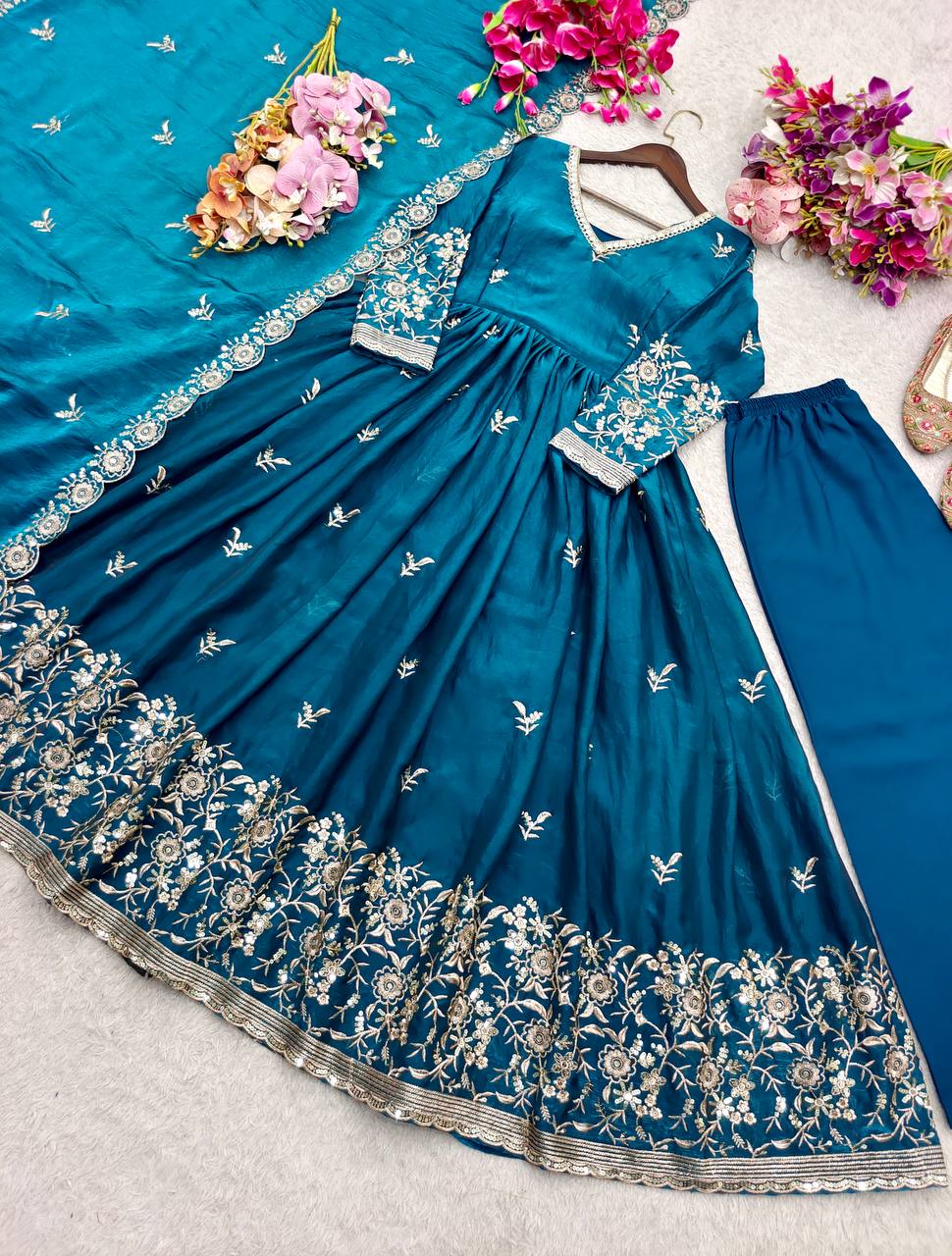 RangBhoomi Fendy Satin Silk Gown Set with Micro Silk Pants & Embroidered Dupatta