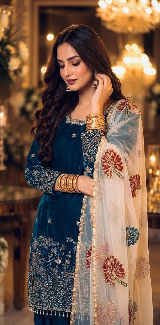 RangBhoomi Designer Party Wear Pur Fendi Silk Top & Farshi Palazzo Set with Dupatta