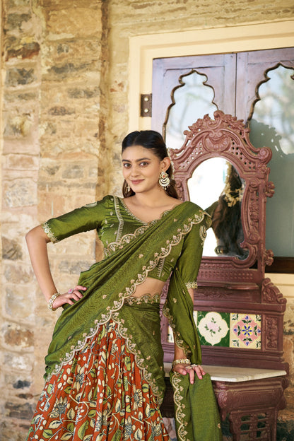Elegant Kalamkari Silk Lehenga Set with Embroidered Dupatta for Festive and Traditional Occasions