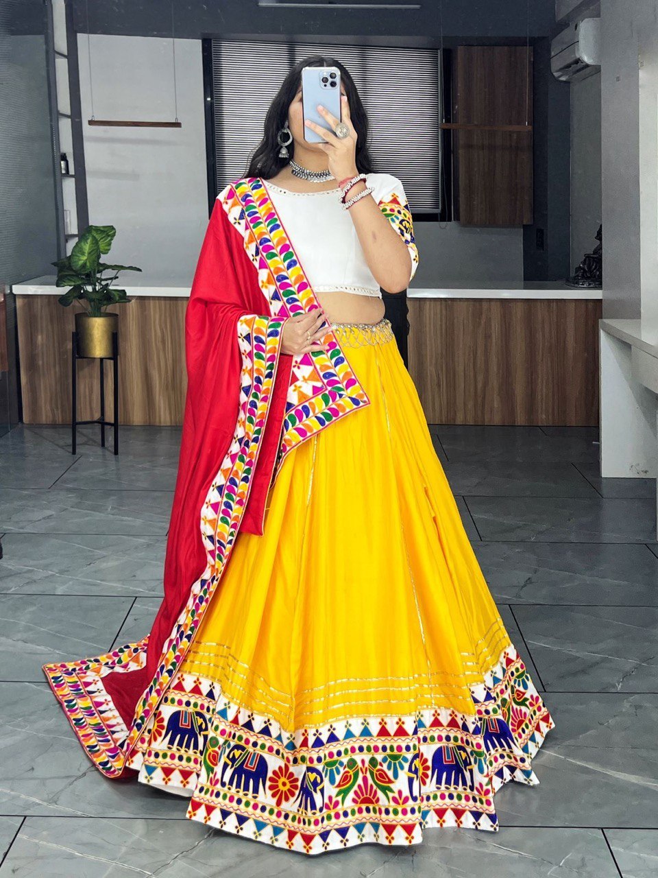 Ethnic Women’s Complete Lehenga Set with Yellow and Red Accents