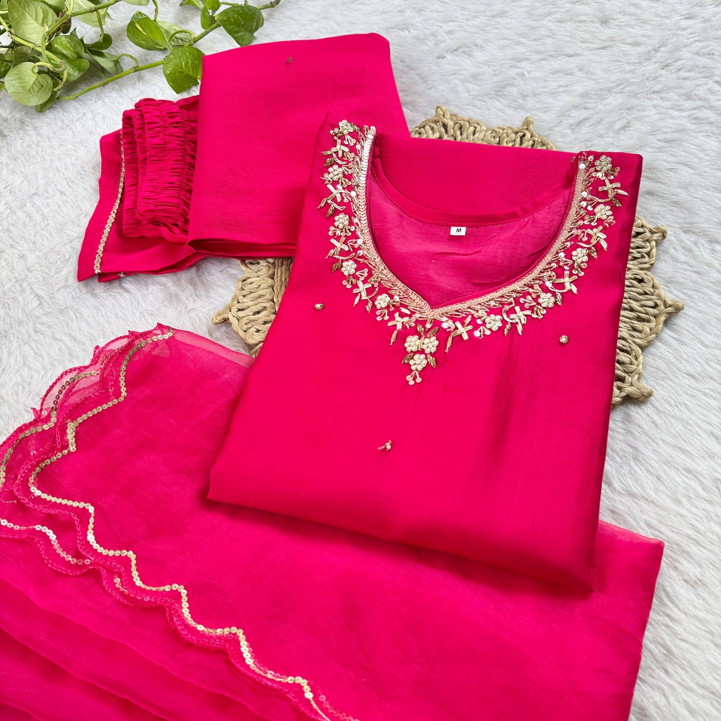 Introducing RangBhoomi Designer Three-Piece Set: Premium Cotton Kurti, Pant, and Organza Silk Dupatta