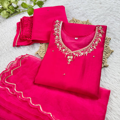 Introducing RangBhoomi Designer Three-Piece Set: Premium Cotton Kurti, Pant, and Organza Silk Dupatta