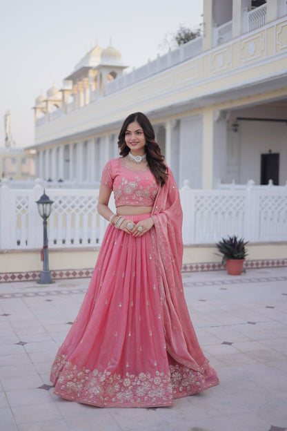 Elegant Lehenga Choli Set with Heavy Sequins and Zari Thread Embroidery in Fendi Silk