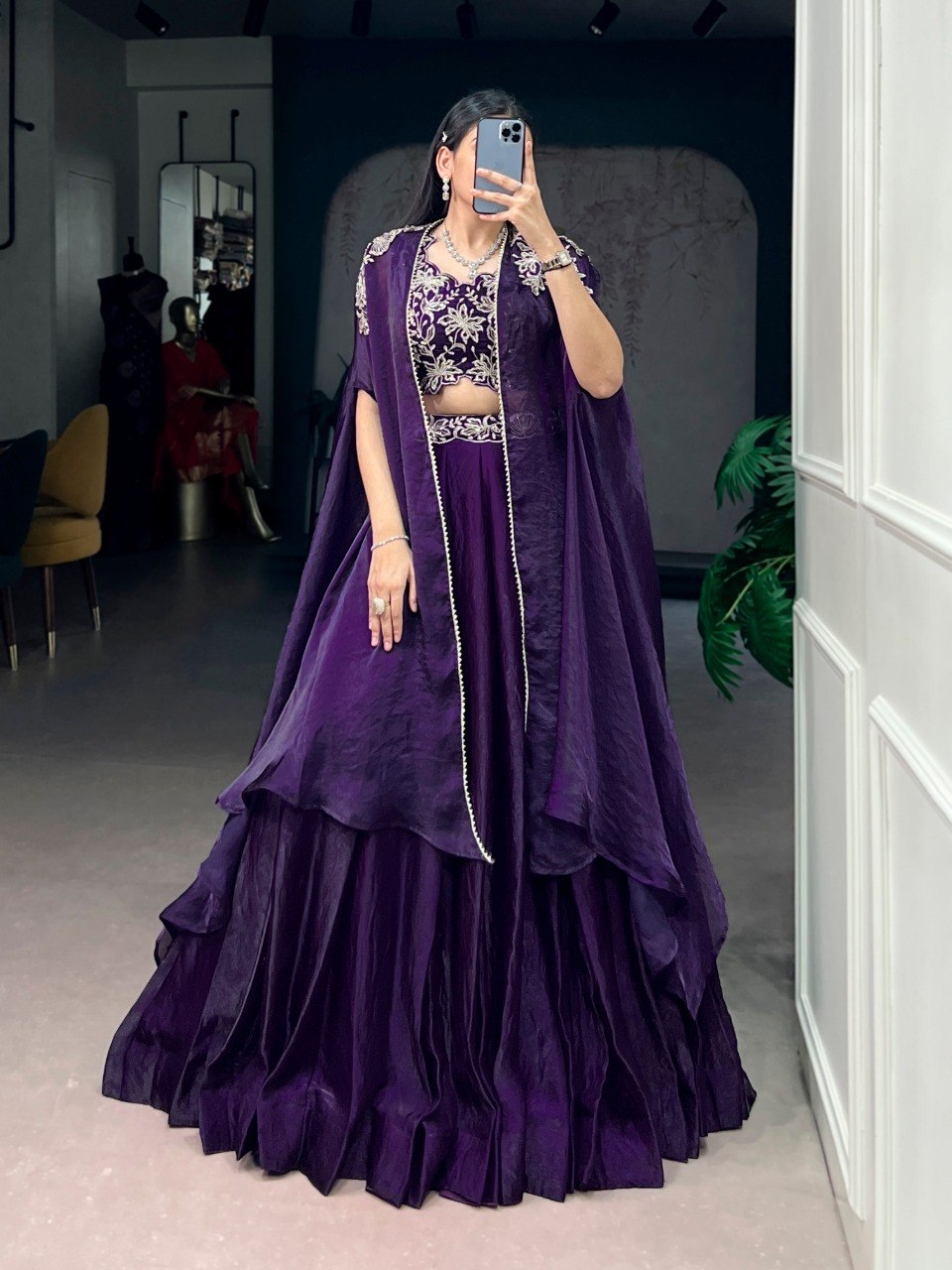 Elegant Cape-Style Lehenga Set in Fendi Silk with Beaded and Embroidered Details