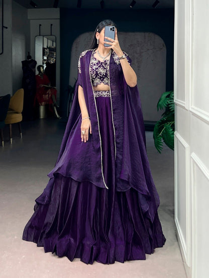 Elegant Cape-Style Lehenga Set in Fendi Silk with Beaded and Embroidered Details
