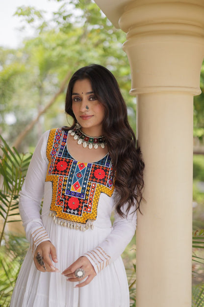 RangBhoomi Navratri Gown Collection 2026 — Wine, Rama & White Embroidered Mirror Work Gown
