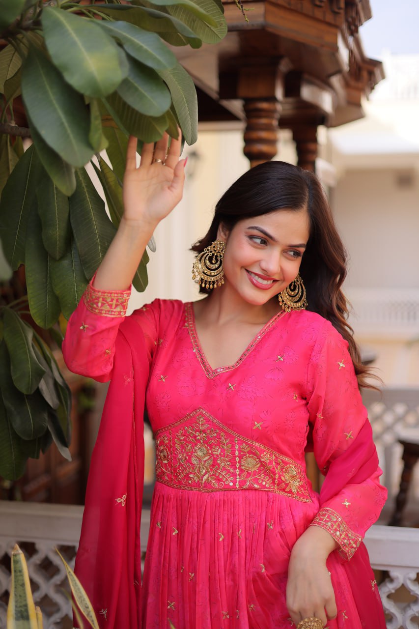 Premium Ready-to-Wear Silk Gown with Embroidered Sequined Dupatta Set