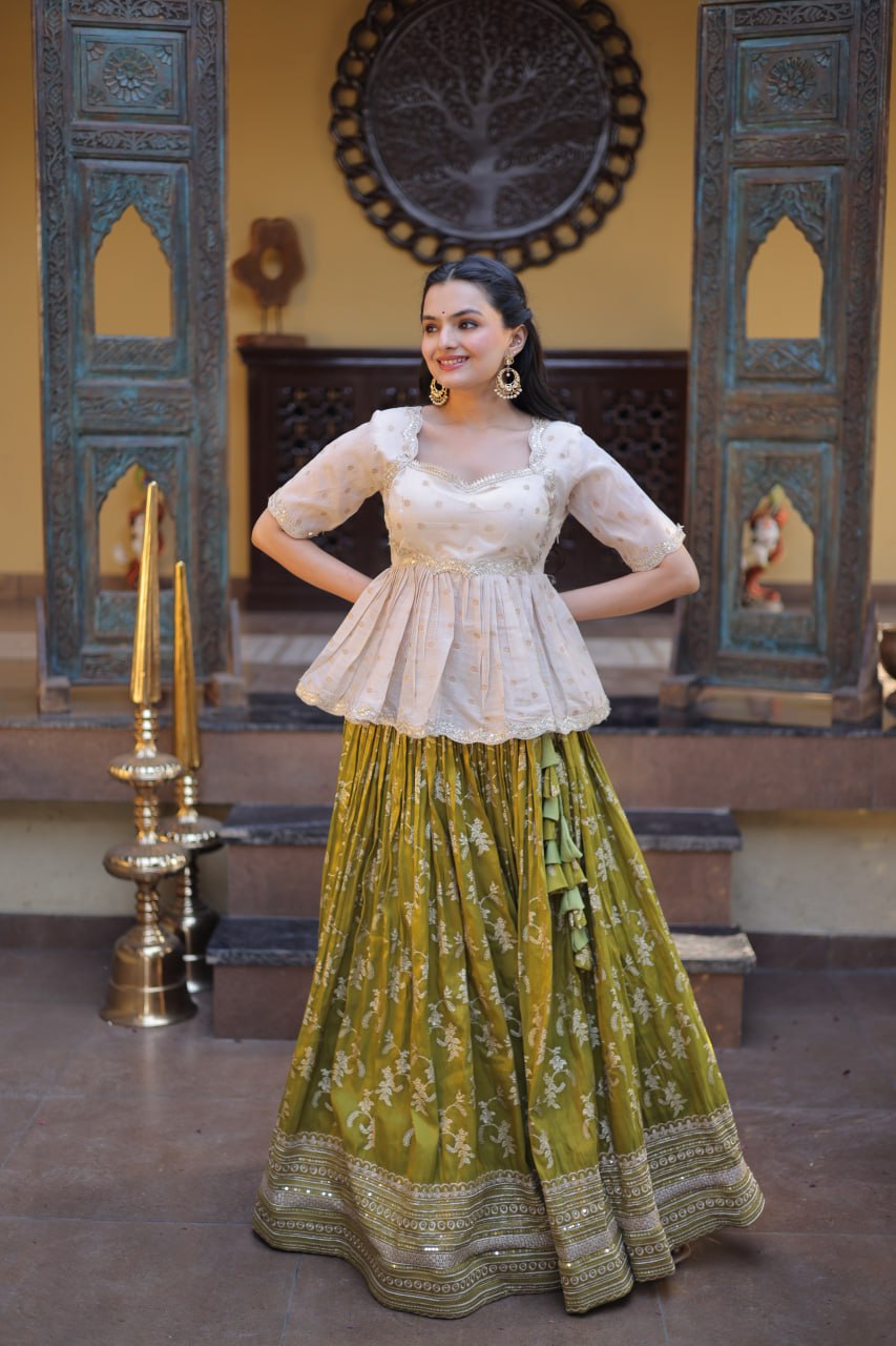 RangBhoomi Designer Dyeable Viscose Jacquard Lehenga Choli Set - Parrot & Wine