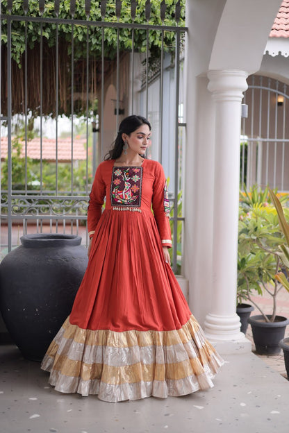 RangBhoomi Navratri Gown Collection 2026 — 14KG Rayon Kutchi Gamthi Thread Work, 12m Flair