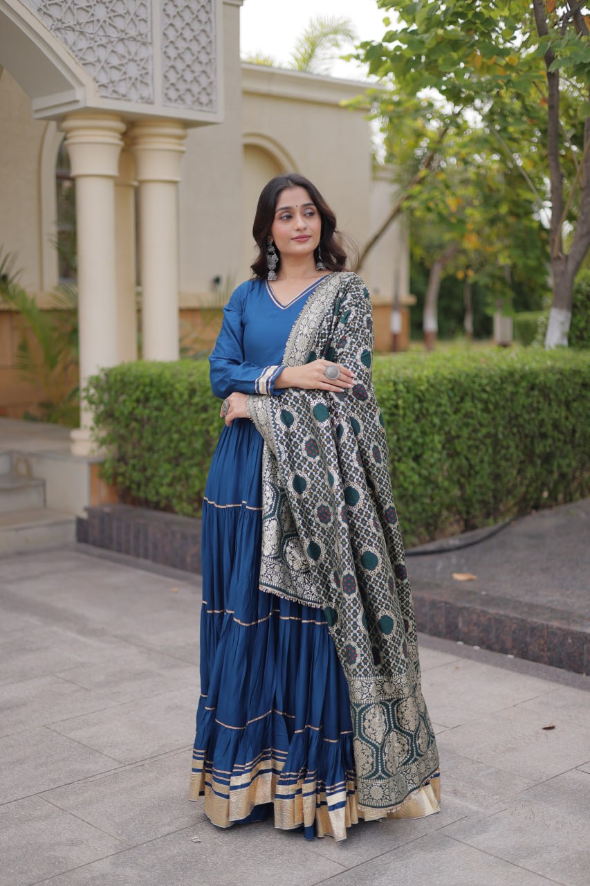 RangBhoomi Gown & Dupatta Collection 2026 — Premium Reyon Gown with Viscose Jacquard Dupatta