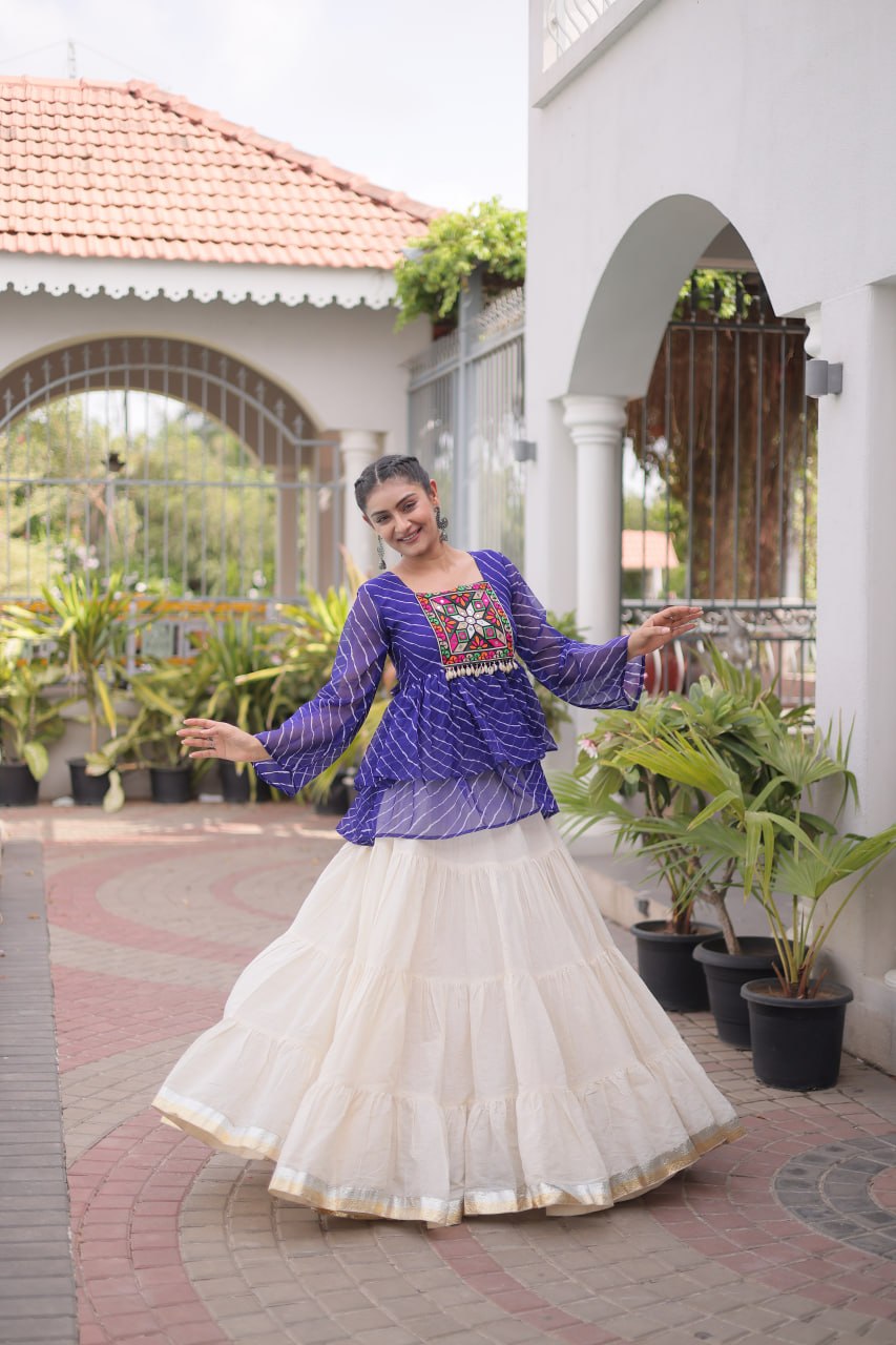 RangBhoomi Navratri Lehenga Choli Set — Kora Cotton Frill with Laheriya Print