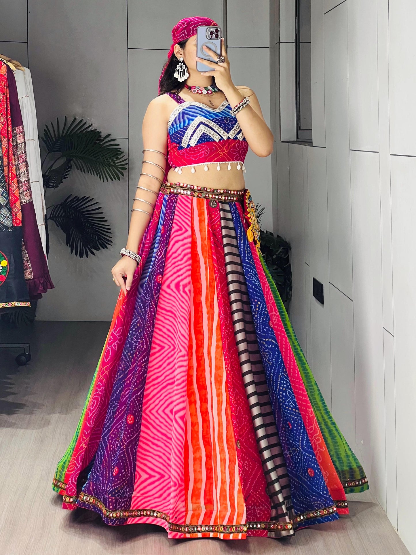RangBhoomi Multicolor Bandhani-Inspired Chaniya Choli Set — Navratri Ready (Lehenga, Blouse, Scarf & Batwa)