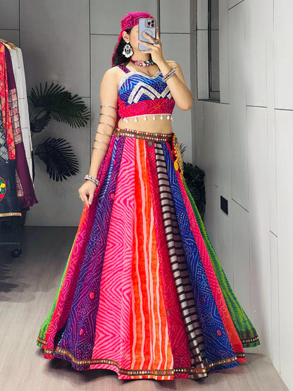 RangBhoomi Multicolor Bandhani-Inspired Chaniya Choli Set — Navratri Ready (Lehenga, Blouse, Scarf & Batwa)