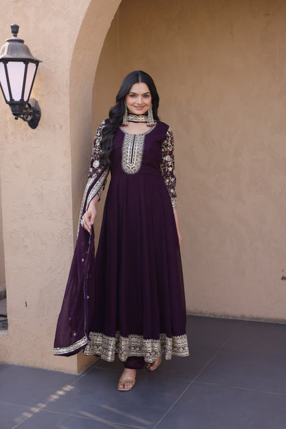 RangBhoomi Premium Readymade Gown Set with Pant & Dupatta - Faux Blooming Embroidered