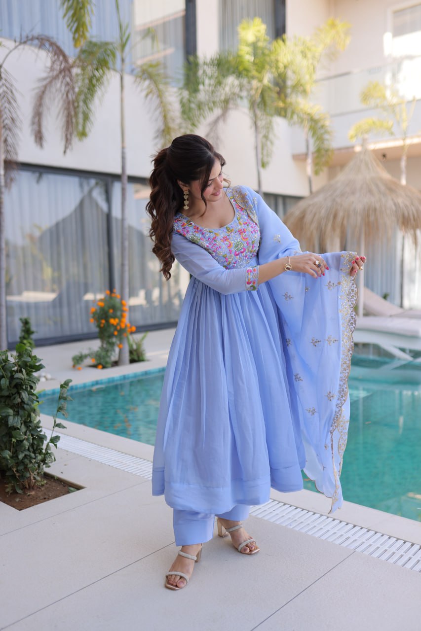 Elegant Premium Ready-to-Wear Gown Set with Pants and Dupatta - Beaded Mal Chanderi Embroidery