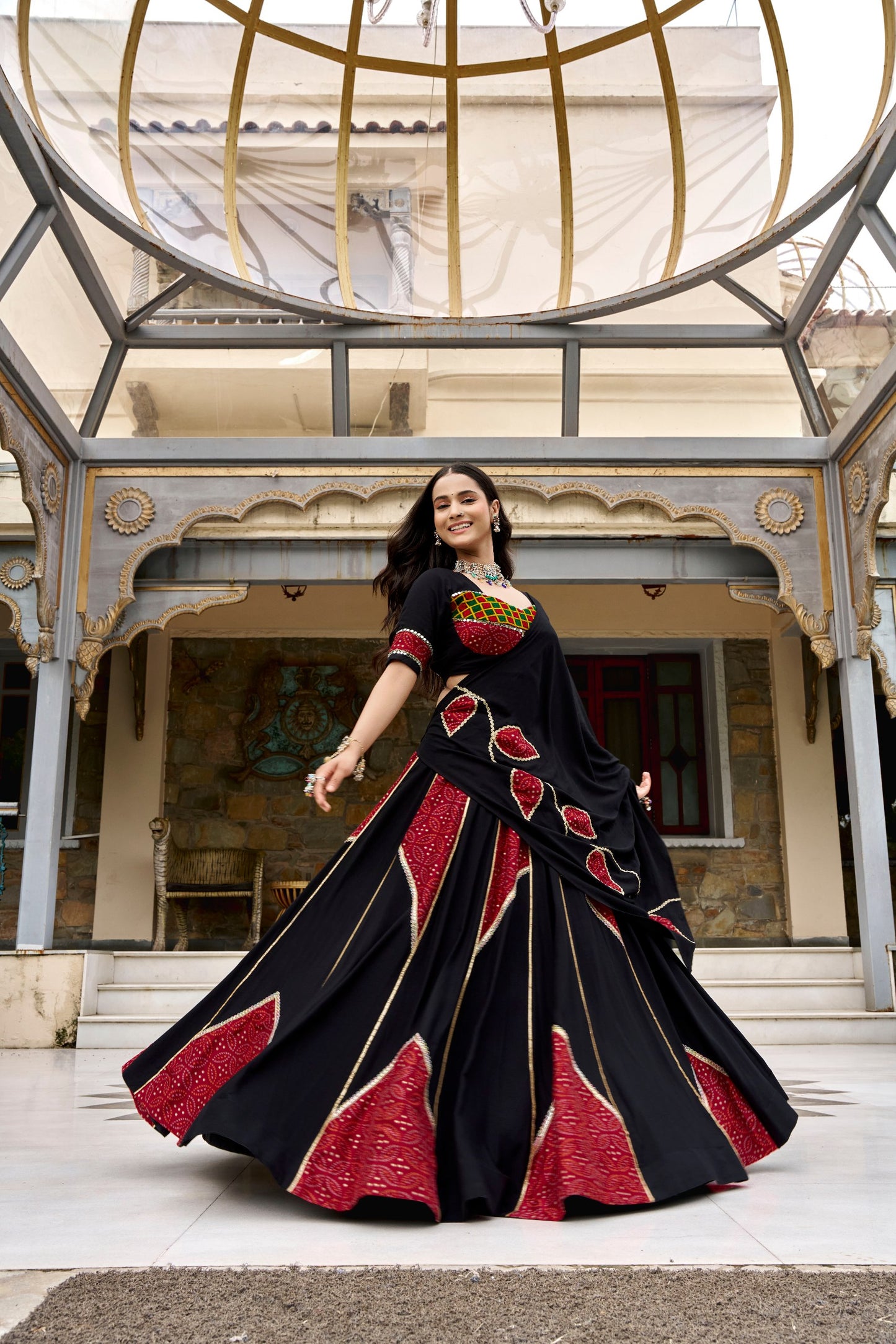 RangBhoomi Navratri 2026 Rayon Ajrakh Lehenga with Mirror Lace & Tassel Dupatta