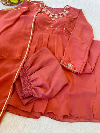 RangBhoomi Elegant Party Wear Fox Georgette Gown Set with Dupatta and Crepe Pants