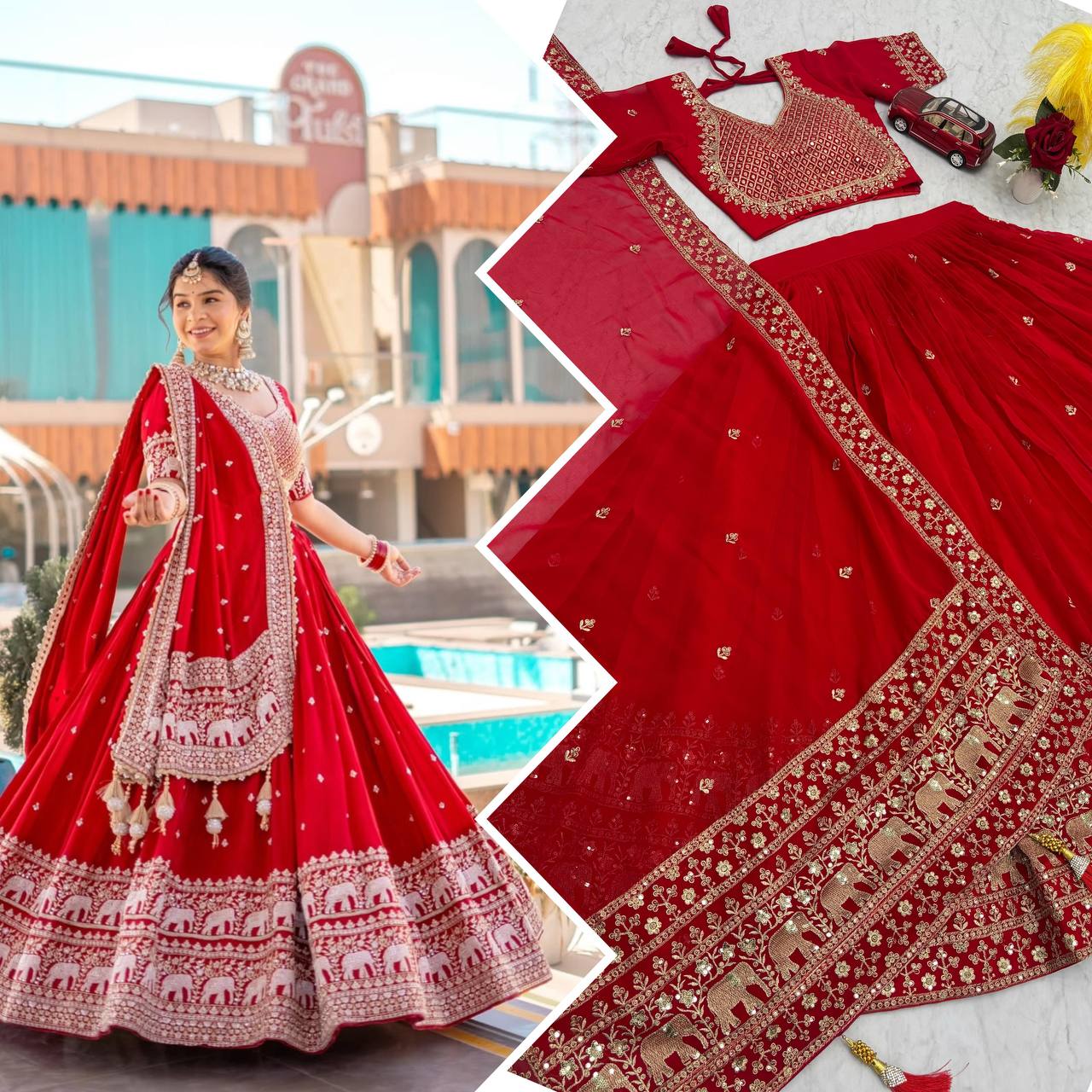 Collage of woman in red lehenga choli and close-up of embroidery.
