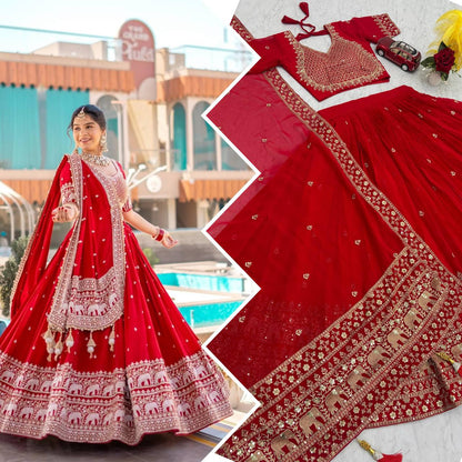Collage of woman in red lehenga choli and close-up of embroidery.