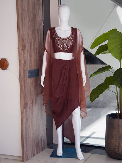 Designer Fusion Style Luxury Collection - Elegant Roman Silk Ensemble with Embroidery, Net Lace Dupatta, and Dripping Skirt