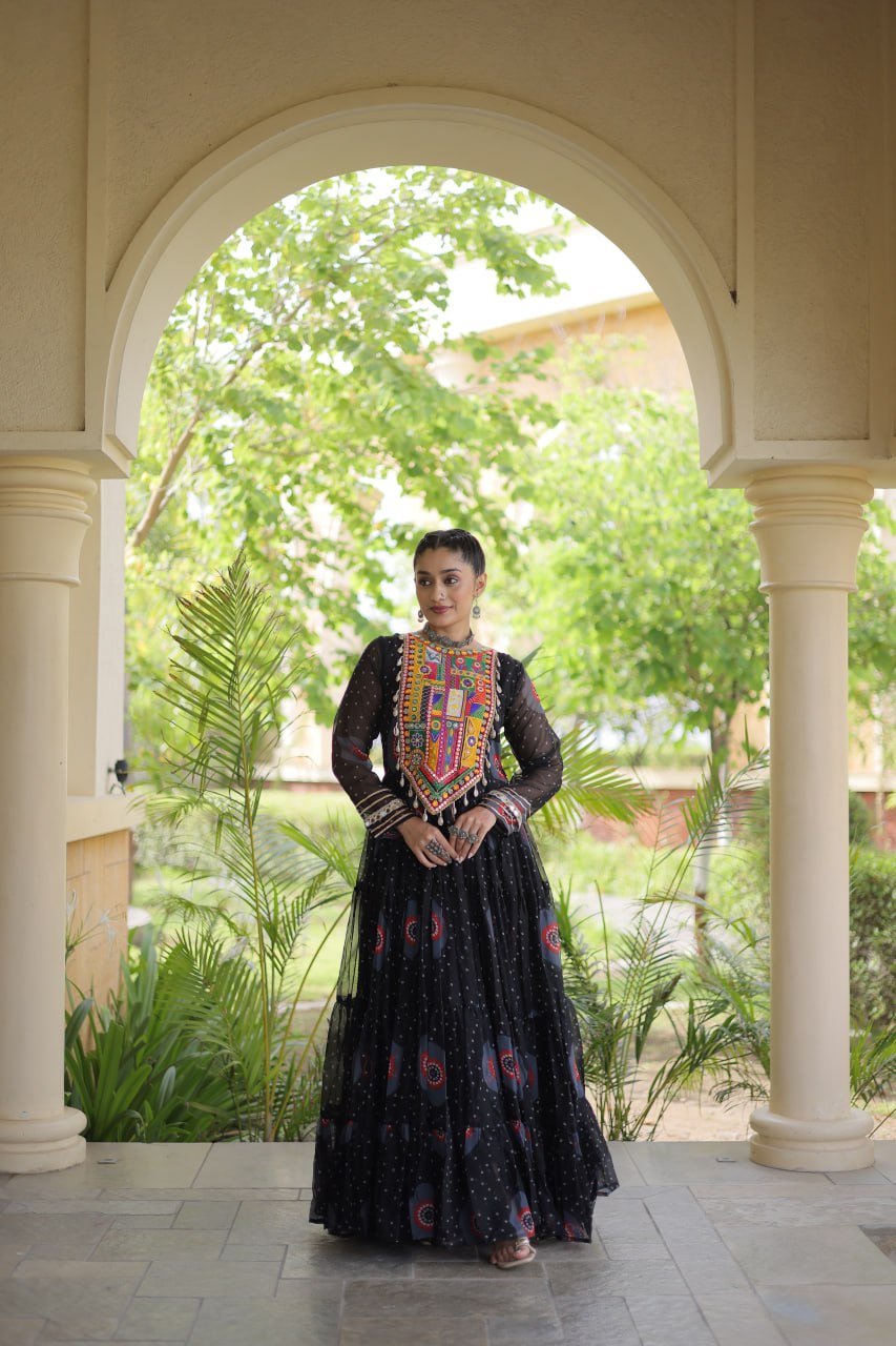RangBhoomi Bandhani & Kutchi Patchwork Faux Georgette Gown — Navratri Collection 2026